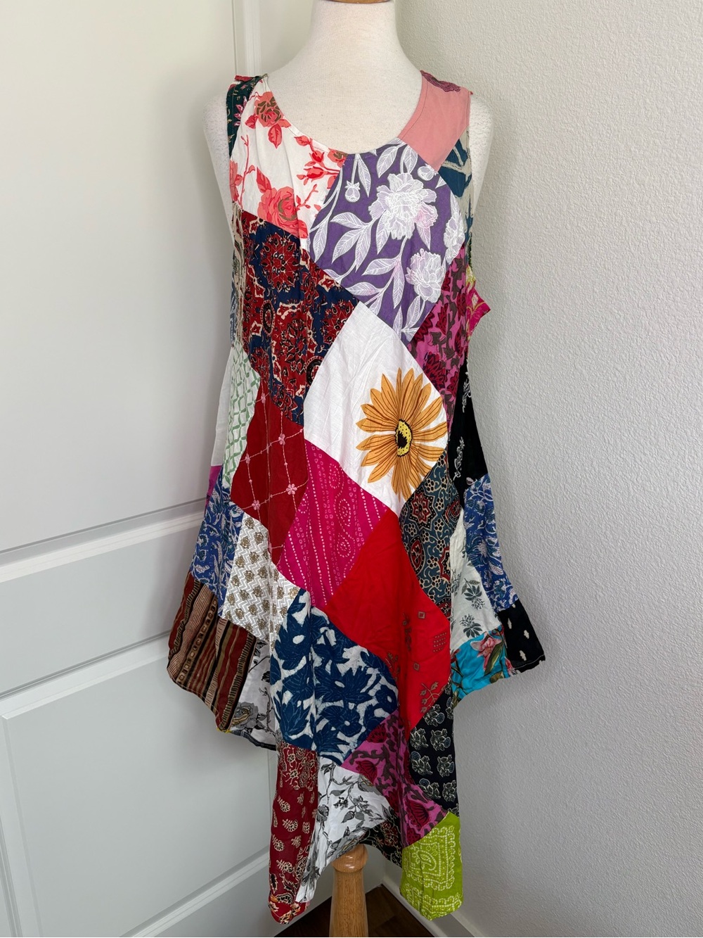 Wayan Patchwork Handkerchief Hem Dress Multicolor Sleeveless Boho One Size Artsy